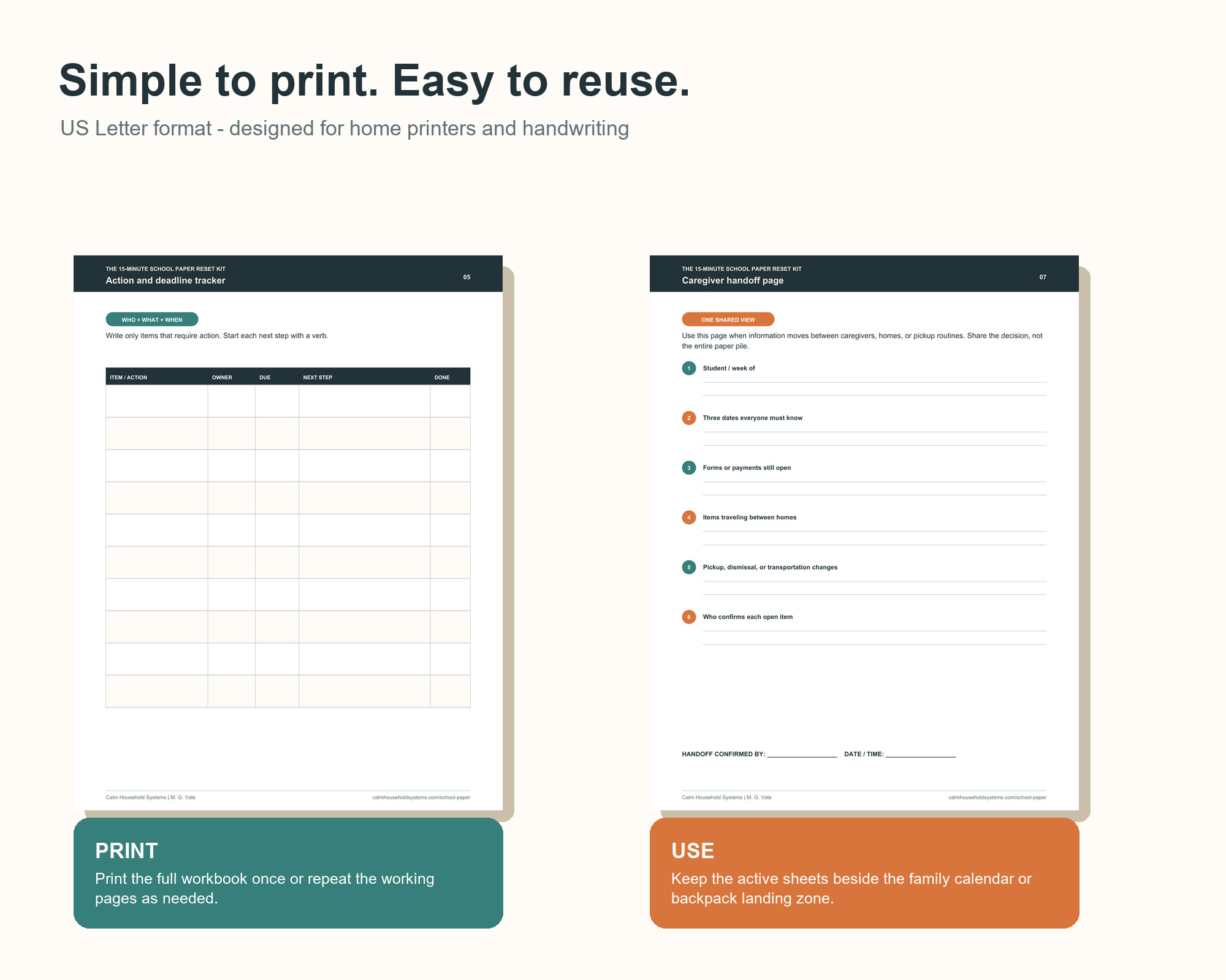 Action tracker and caregiver handoff pages ready to print
